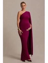Amaryllis | Berry Maternity One Shoulder Maxi Dress with Cape Sleeve