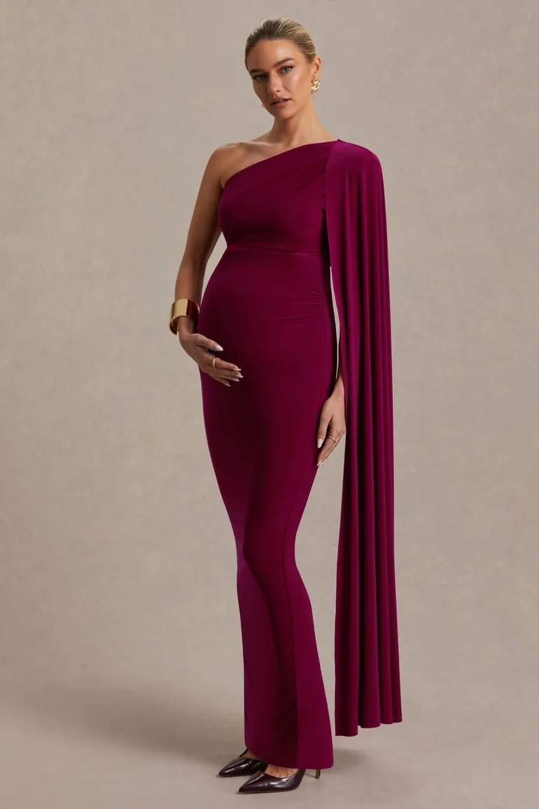 Amaryllis | Berry Maternity One Shoulder Maxi Dress with Cape Sleeve - 3