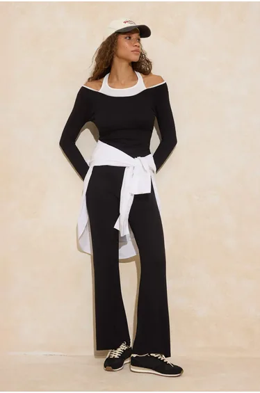 Black Color Block Fitted/Fitted to the Body Flared Cotton Ribbed Knitted Bottom-Top Set