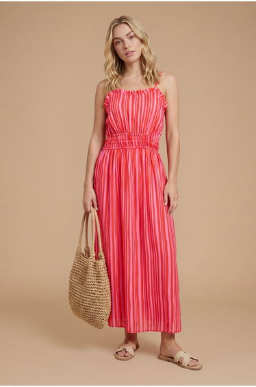 Pink Stripe Twist Strap Detail Printed Midi Dress
