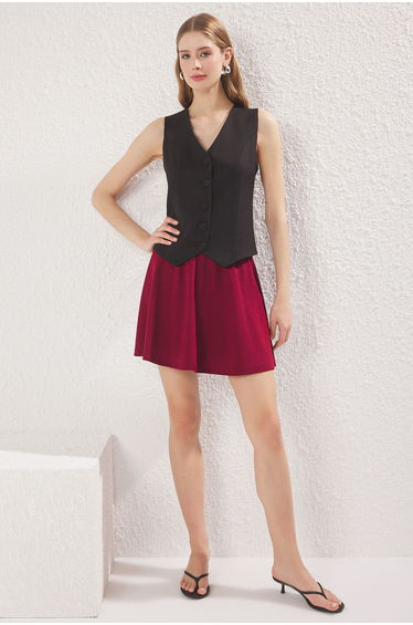 Claret Red Flared Crepe Mini Flexible Knitted Skirt
