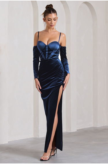 Meribel | Navy Velvet & Satin Long-Sleeved Corset Maxi Dress
