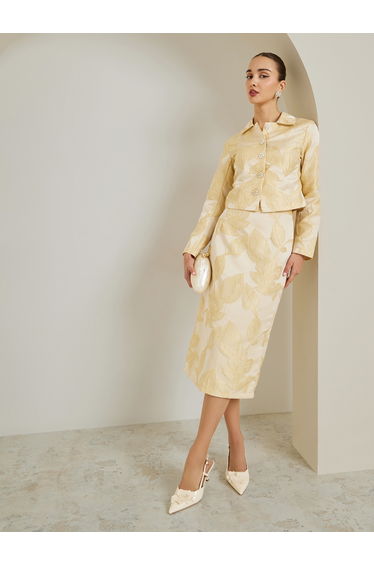 Cream Floral Jacquard Midi Skirt