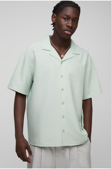 Oversized Embroidered Stripe Seersucker Revere Shirt - green