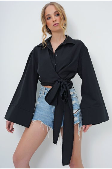 Women's Black Wide Cuff Sleeve Detail Tie Front Poplin Shirt