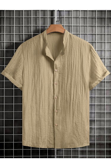 Men Beige Textured Mandarin Collar Shirt