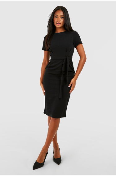 Jersey Crepe Pleat Front Belted Midi Dress - black
