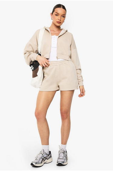 High Waist Sweatshort With Internal Drawcord - stone