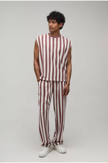 Oversized Boxy Drop Shoulder Stripe Tank & Jogger Set - brown