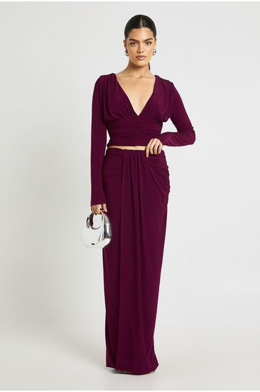Double Layer Slinky Ruhed Front Maxi Skirt - plum