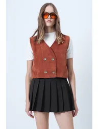 Women's Tile Double-Breasted Collar Metal Buttoned Velvet Vest - 2