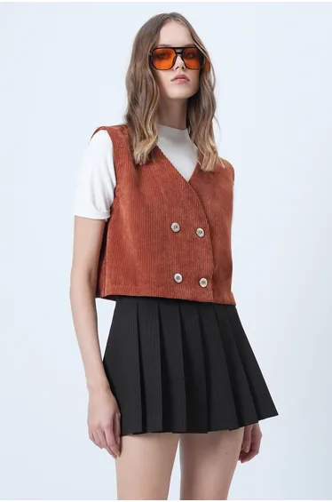 Women's Tile Double-Breasted Collar Metal Buttoned Velvet Vest