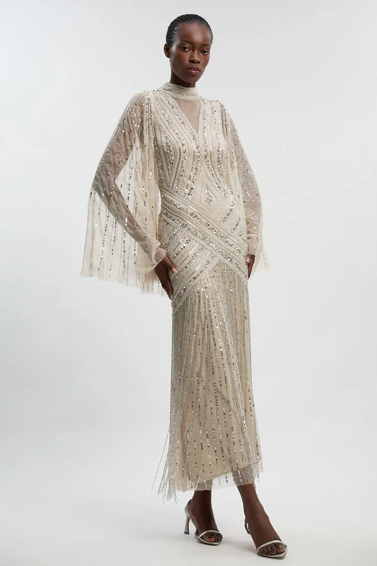 Embellished Woven Maxi Dress With Cape Sleeve