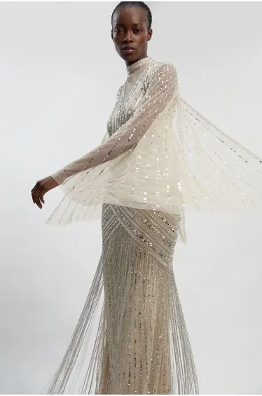 Embellished Woven Maxi Dress With Cape Sleeve