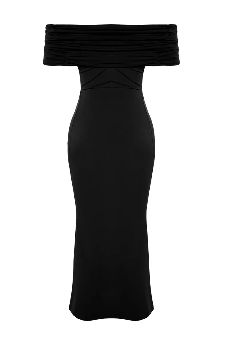Black Fitted Knitted Elegant Evening Dress - 7
