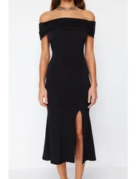 Black Fitted Knitted Elegant Evening Dress - 3