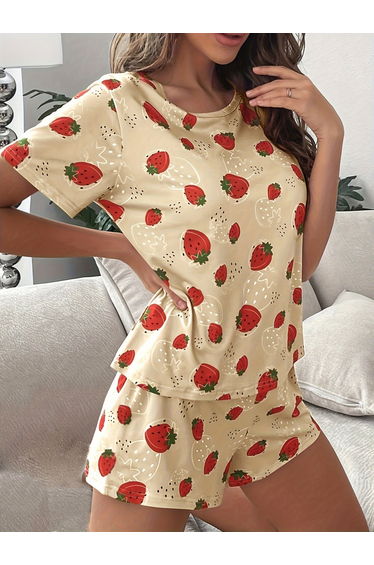 Beige Strawberry Print T-Shirt and Shorts Set