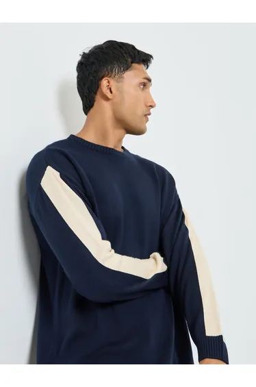 Men Navy Blue Color Block Sleeve Oversized Sweater