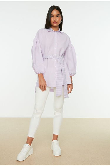 Lilac Striped Belted Balloon Back Sleeve Long Woven Shirt