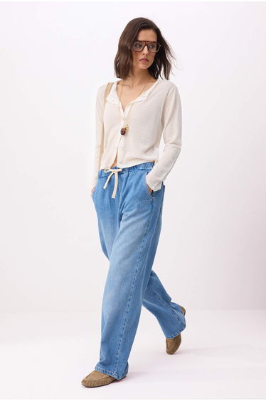 Blue High Waist Wide Leg Tencel Blended Jeans