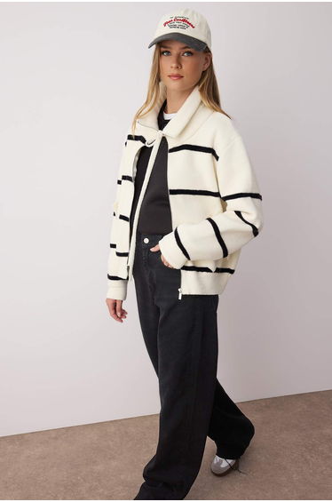 Ecru-Black Striped Zippered Wide Pattern Special Yarn Coat-Look Knitwear Cardigan