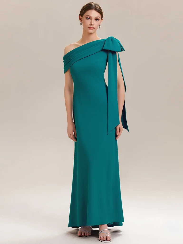 ever NOIR|Asymmetric Shoulder with Bow Knit Black Tie Formal Dress - 3