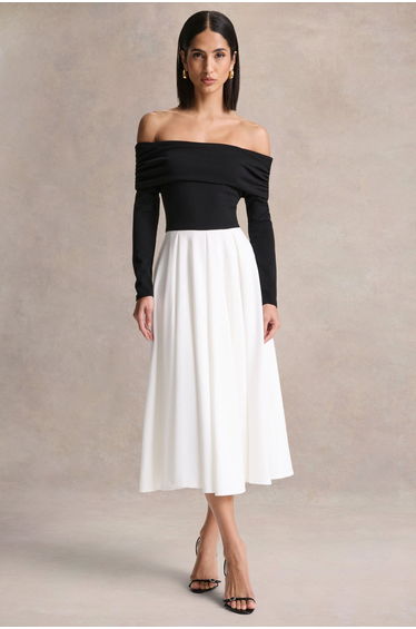 Frederica | Black And White Bardot-Neck Dress