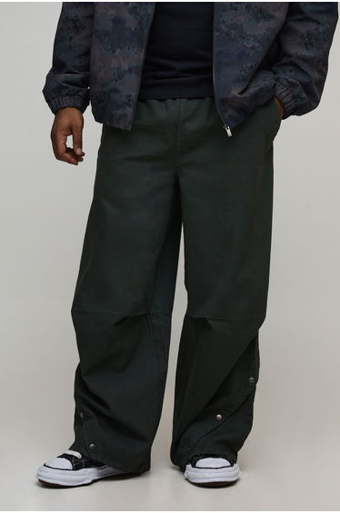 Plus Elasticated Waist Oversized Hem Popper Trousers - khaki