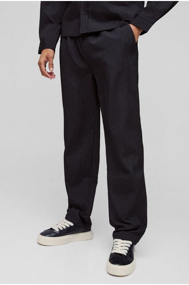 Straight Fit Elasticated Waist Technical Pleat Trouser - black