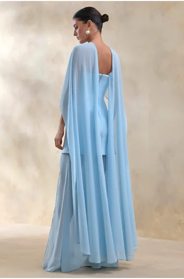 Chessa | Powder Blue Boat-Neck Maxi Dress With Sheer Cape