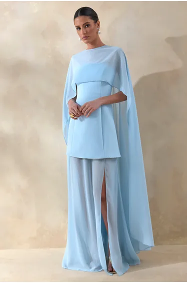 Chessa | Powder Blue Boat-Neck Maxi Dress With Sheer Cape
