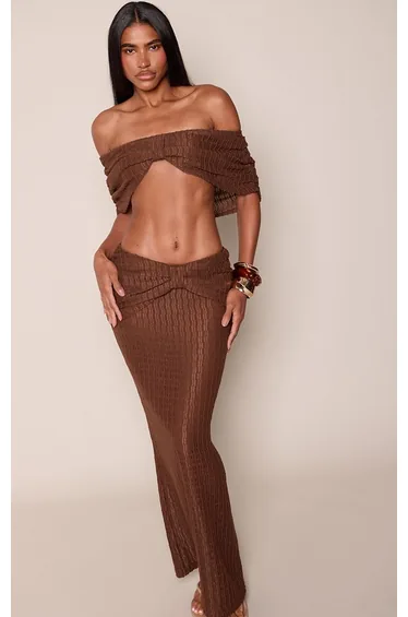 Chocolate Brown Textured Draped Maxi Skirt Co-ord