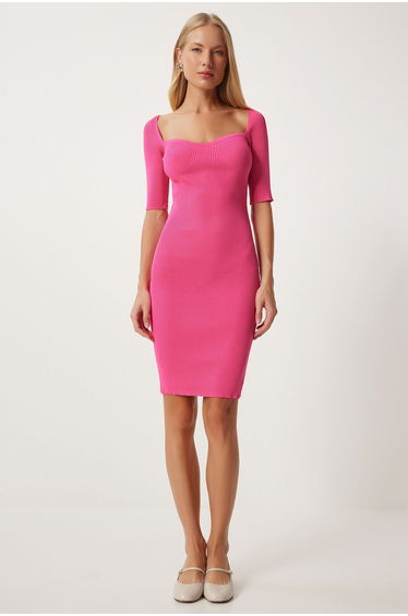 Women's Fuchsia Heart Neck Ribbed Wrap Mini Knit Dress