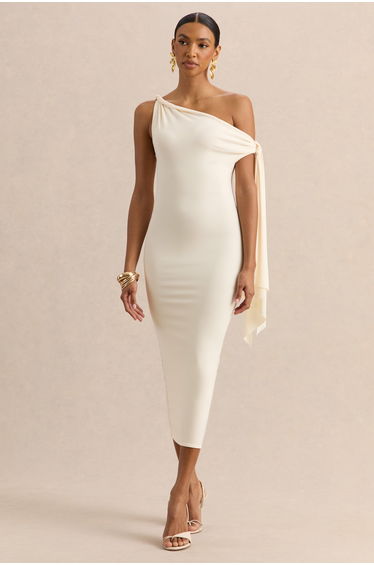 Arcelia | Cream Asymmetric-Neck Midi Dress With Knot-Sleeve Detail