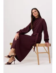 Plum Unlined Belt Detailed Woven Finike Hijab Dress - 1