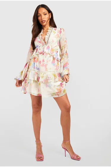 Tall Blurred Floral Tiered Ruffle Crochet Smock Dress - cream