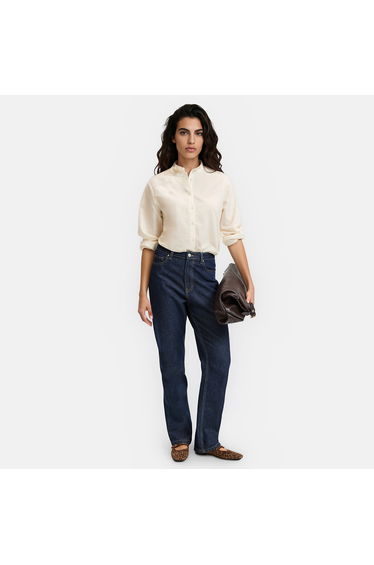 Cotton Seersucker Ruffled Collar Long Sleeve Shirt