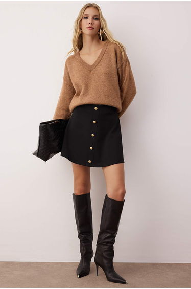 Black A-line/Bell Cut Buttoned Knitted Mini Skirt