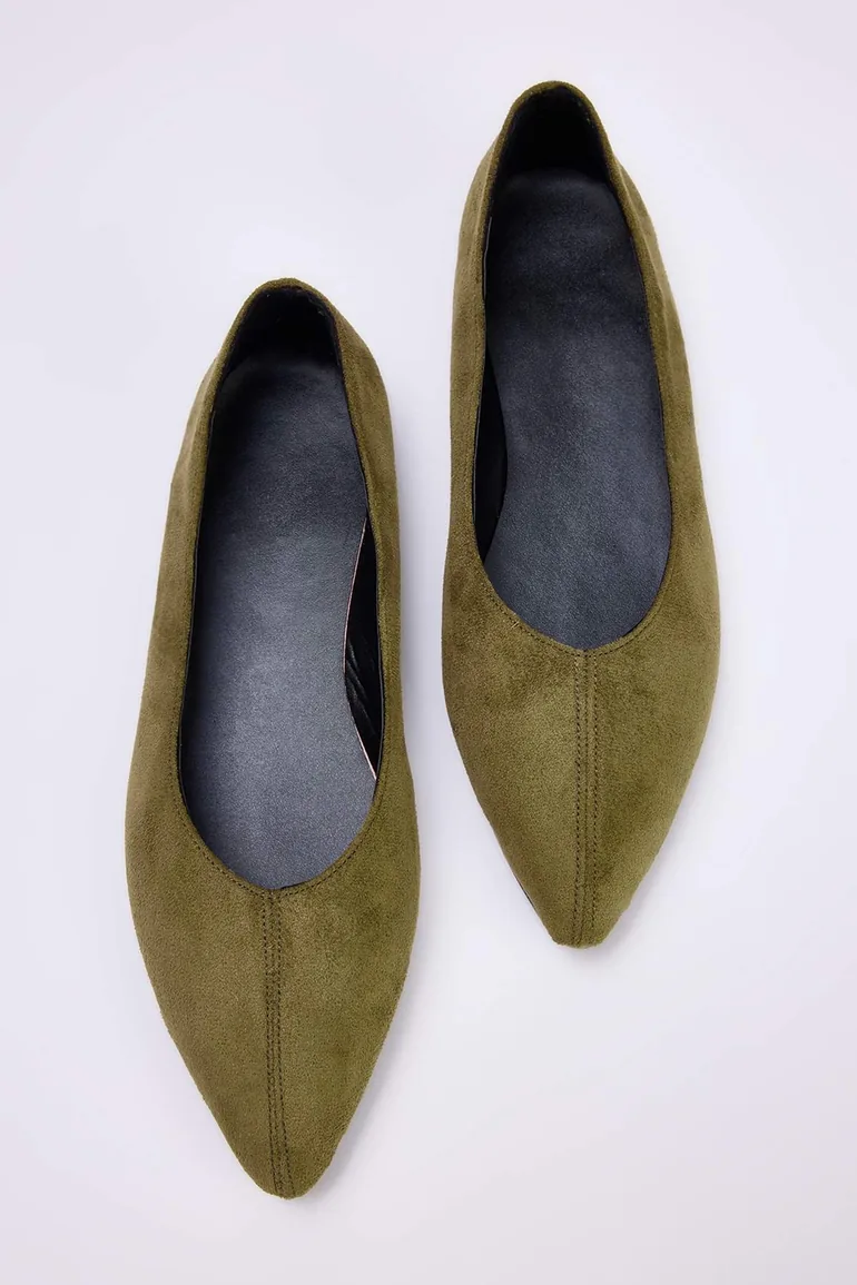 Khaki Suede Stitching Detailed Women's Ballerinas - 1