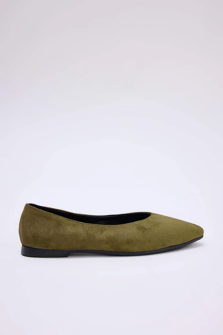 Khaki Suede Stitching Detailed Women's Ballerinas - 3