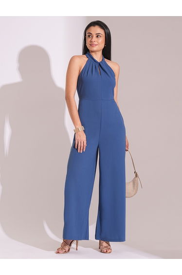Twisted Pleated Keyhole Detail Wide Leg Workwear Jumpsuit