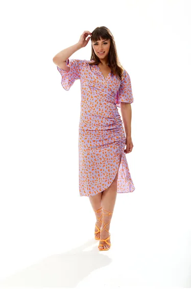 Women's Midi Wrap Dress in Lilac and Orange with Kimono Sleeves.