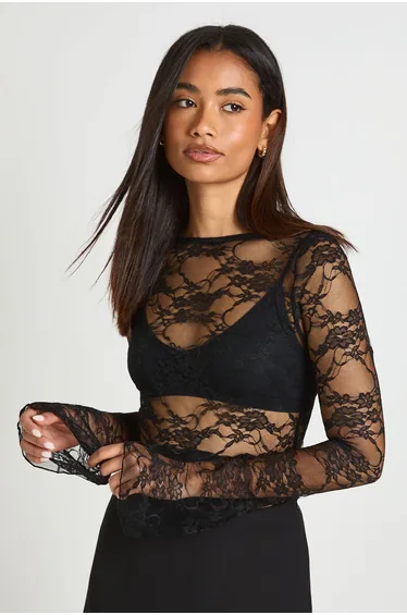 Tall Lace Boat Neck Flare Sleeve Top - black