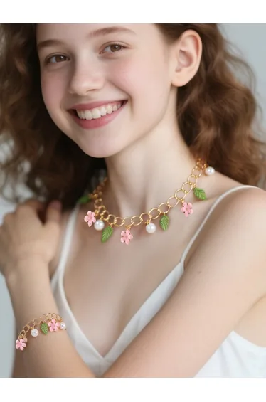 Girls Gold-Tone Flower and Pearl Charm Link Necklace and Bracelet Set