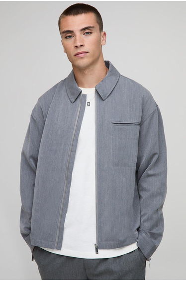 Regular Zip Through Pocket Detail Overshirt - grey
