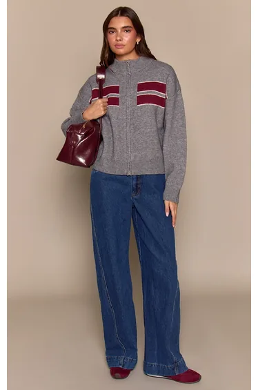 Grey Striped Knitted Sporty Jumper