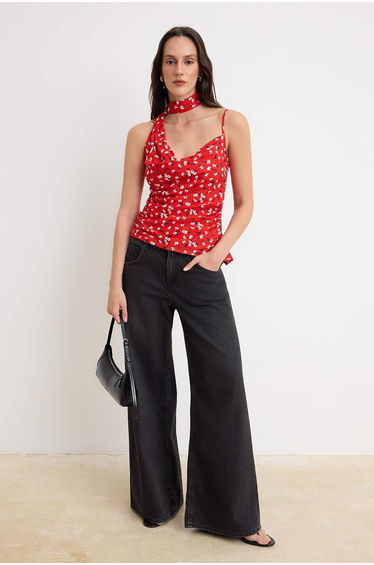 Red Geometric Patterned Blouse with Scarf Detail