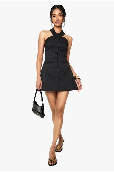 Halterneck Tailored Micro Mini Dress - black