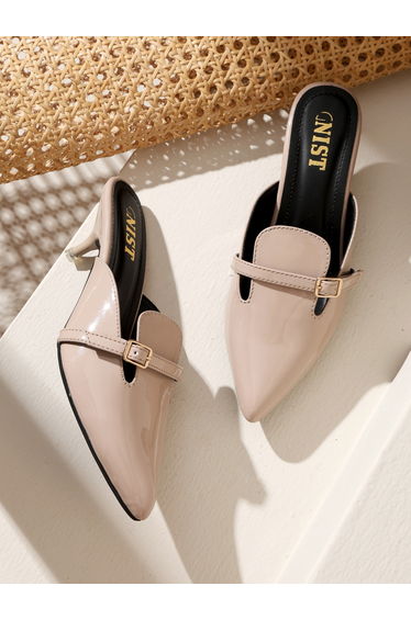 Buckle Detail Pointed Toe Kitten Heel Mules
