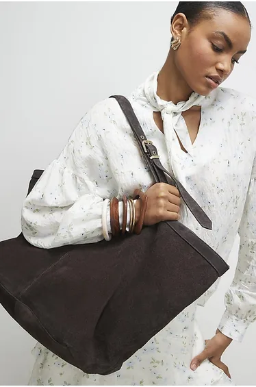 Brown Buckle Handle Suede Shopper Bag
